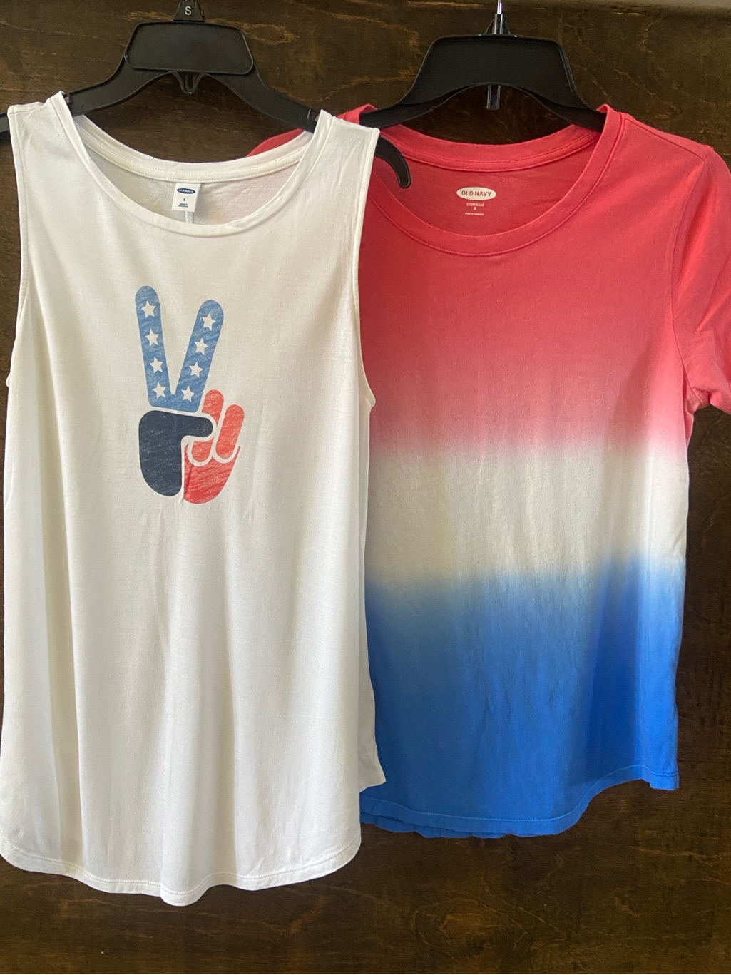 2 Patriotic/4th Of July Shirts; Red White Blue Ombre Tee & White “Peace” Tank.